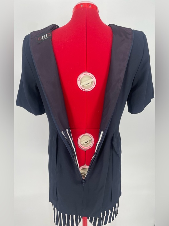 1980s Navy & White Nautical Striped Shorts Romper J.S.J. Petites Back Waist Tie - Picture 10 of 12